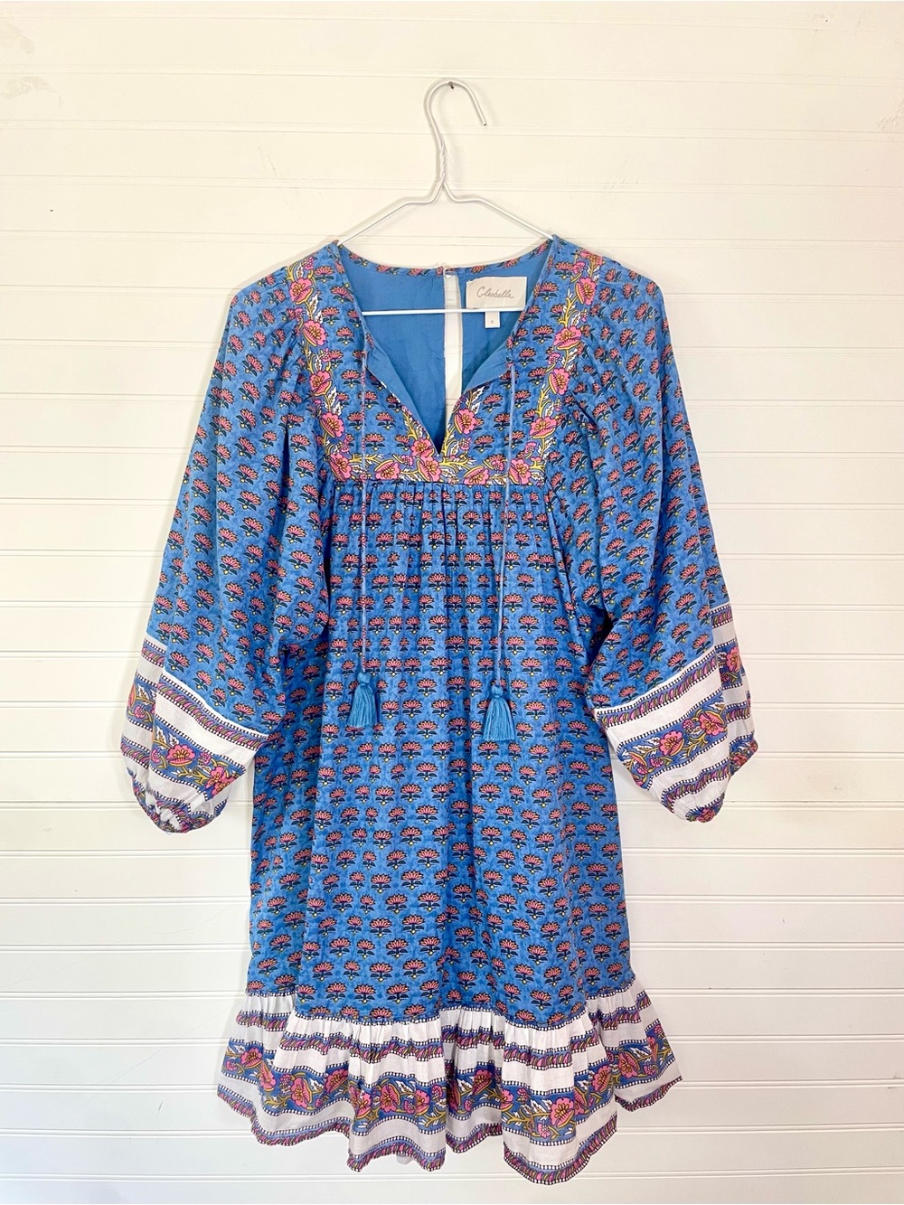 Cleobella Magdalena Lotus Blue Floral Mini Dress Size Small Boho Cotton
